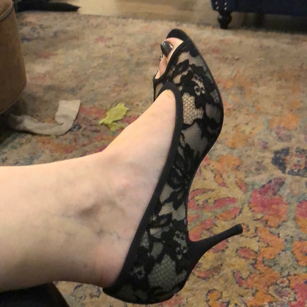 Black lace peep toe 3 inch heel.